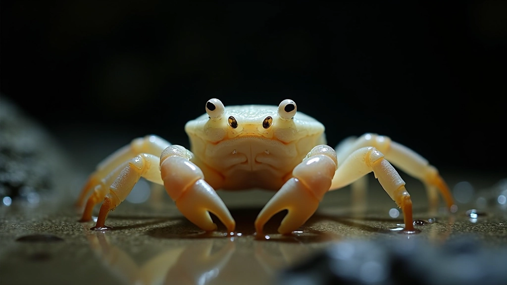 Cangrejo blanco o transparente en agua subterránea, adaptado a cavernas, sin ojos visibles