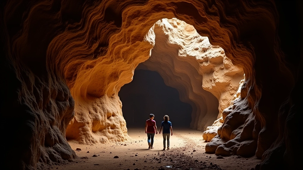 Entrada majestuosa de la caverna con luz natural, formaciones rocosas dramáticas