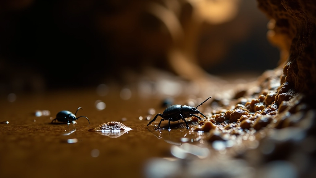 Insectos cavernícolas pequeños sobre roca húmeda, ambiente subterráneo de caverna oscura