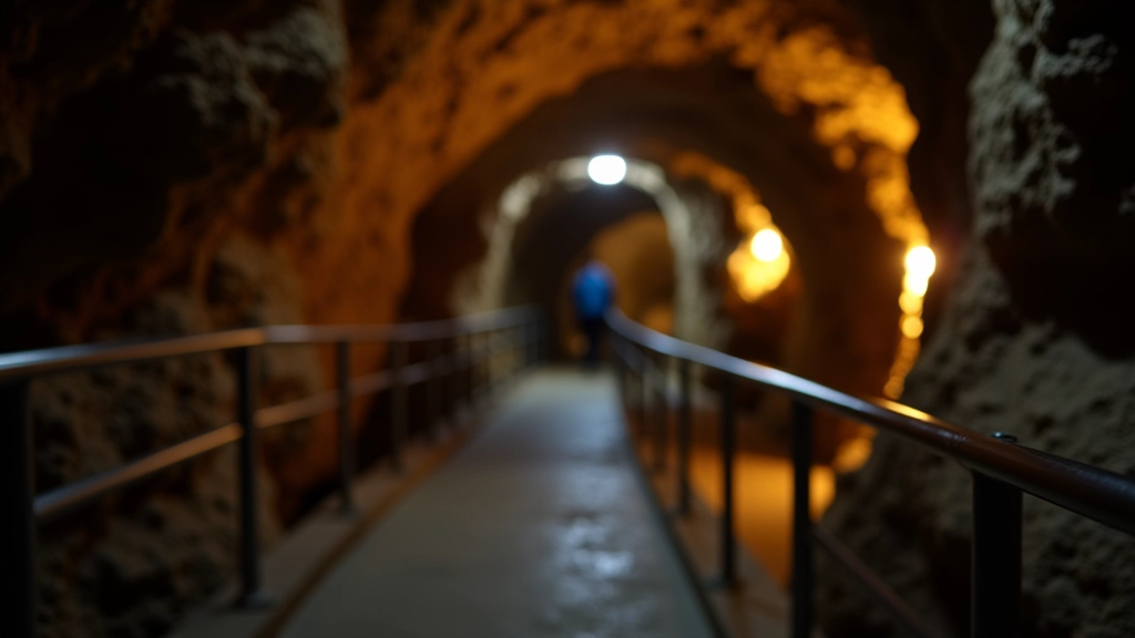 Primer plano de barandillas de acero inoxidable en la cueva con iluminación LED ambiental iluminando la roca