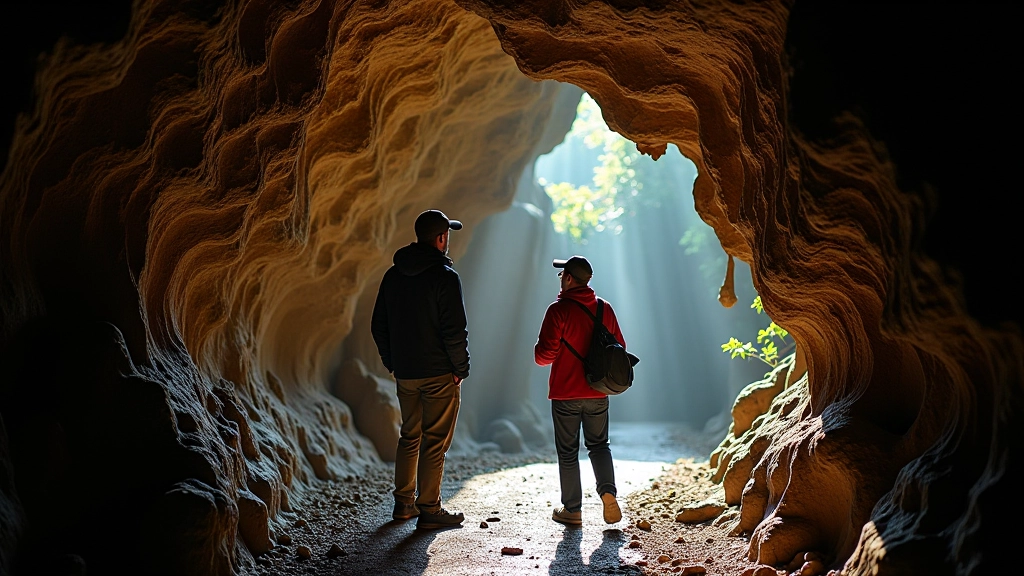 Entrada de la caverna con guía turístico explicando formaciones a visitantes en el sendero
