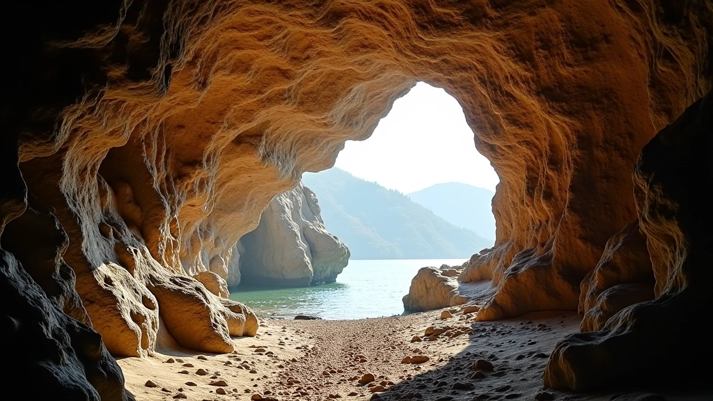 Entrada de la cueva subterránea con luz natural filtrándose a través de la abertura, formaciones de piedra caliza visibles, ambiente fresco y húmedo típico de las cavernas