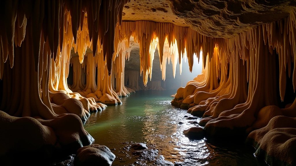 Formaciones de estalactitas y estalagmitas en las cavernas subterráneas con iluminación natural