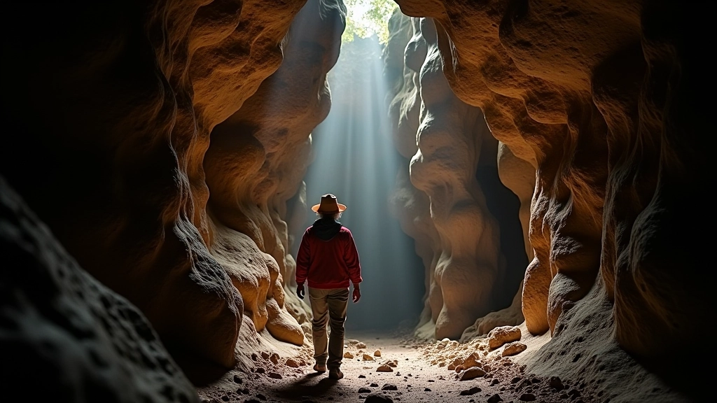 Formaciones geológicas y estructuras rocosas en la cueva con escala de persona