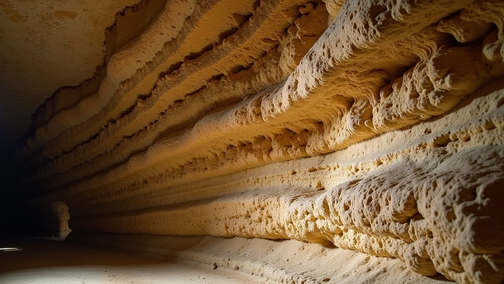 Capas geológicas de roca caliza y minerales visibles en las paredes de la caverna mostrando diferentes períodos