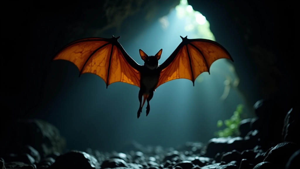 Murciélago en vuelo dentro de la caverna iluminado por la linterna de un explorador