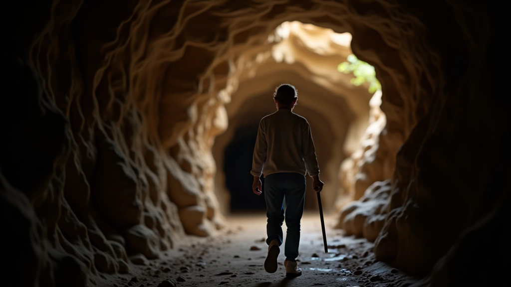 Persona mayor caminando por sendero seguro en caverna con buena iluminación