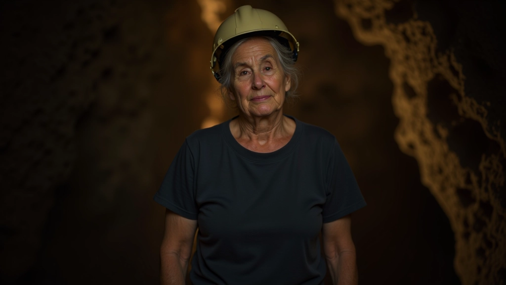 Persona mayor siendo asistida en una cueva subterránea con iluminación segura y barandillas de apoyo
