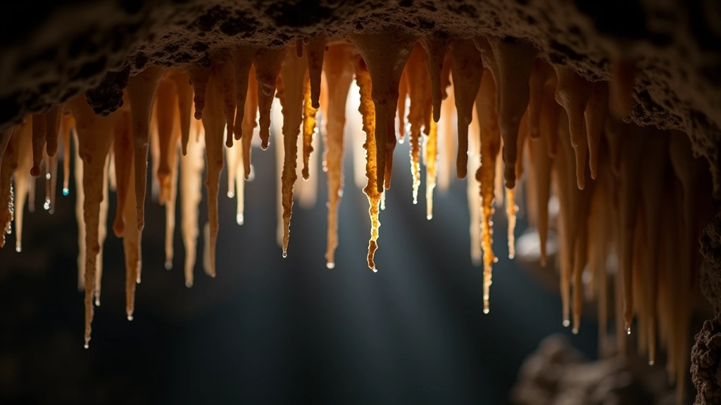 Formaciones de estalactitas colgando del techo de la caverna con goteo constante de agua mineral
