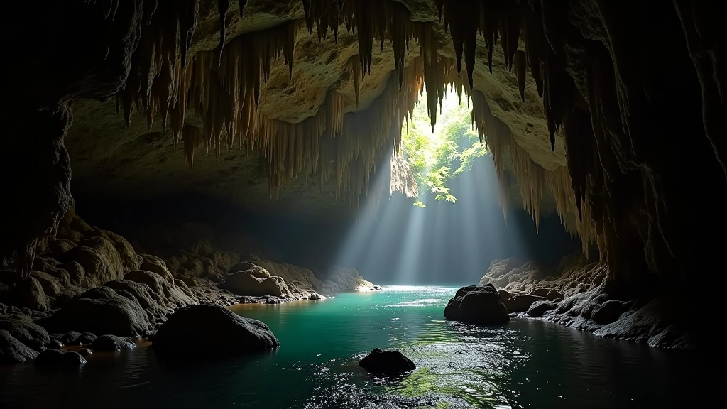 Interior de caverna con formaciones de estalactitas y estalagmitas, luz natural filtrándose desde la entrada, río subterráneo visible