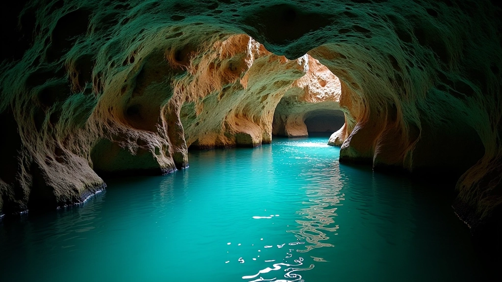 Río subterráneo fluyendo a través de la caverna con aguas claras reflejando las formaciones rocosas