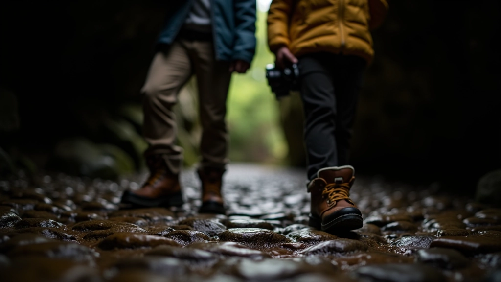 Persona usando zapatos de suela gruesa en sendero de piedra mojada, ropa de abrigo ligero, cámara lista, dentro de ambiente de cueva iluminada